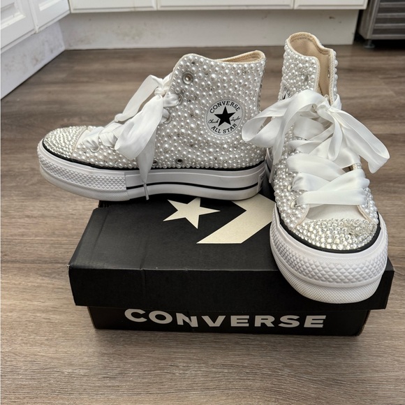 Custom Bedazzled High-Top Converse. Worn only once at my wedding. Like new. - Picture 1 of 6